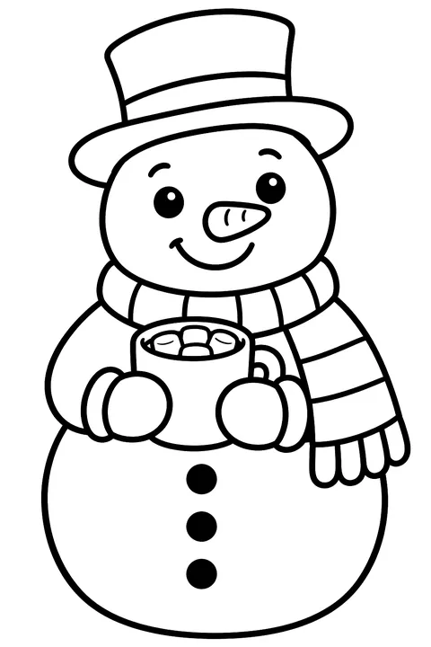 A snowman with a scarf holding a mug of cocoa coloring page