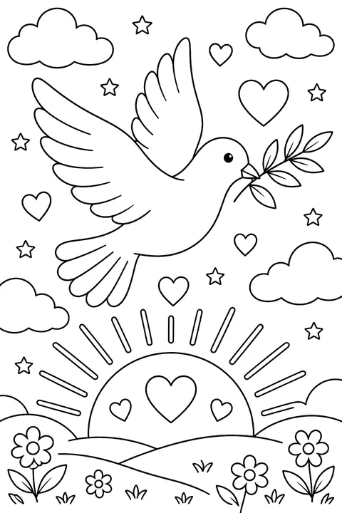 A peace dove carrying an olive branch over a sun with hearts coloring page
