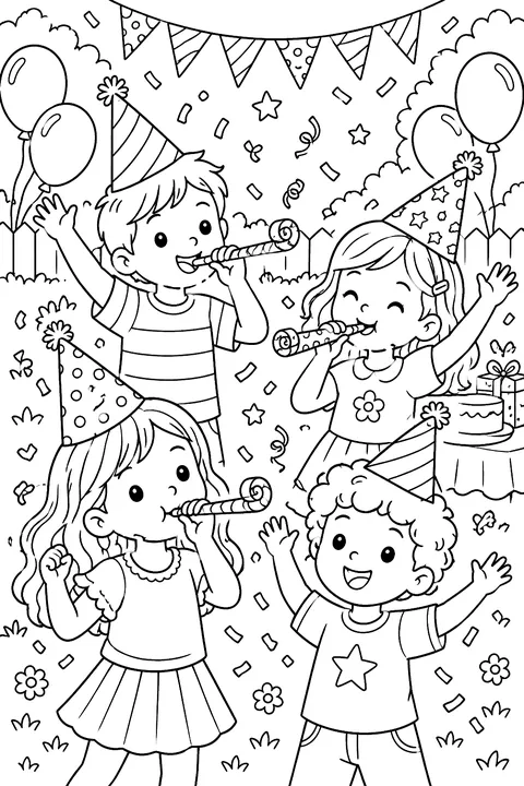 Kids in party hats with noisemakers and confetti coloring page