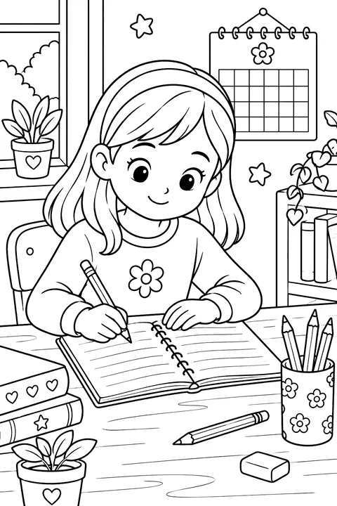 A child writing in a notebook at a desk with a calendar and pencils coloring page