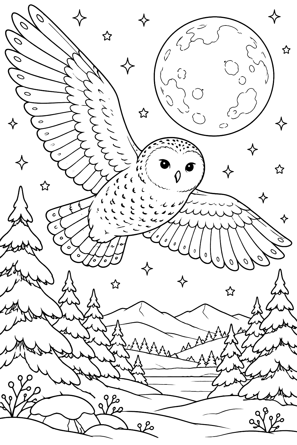 A snowy owl flying past a full moon over a snowy forest coloring page