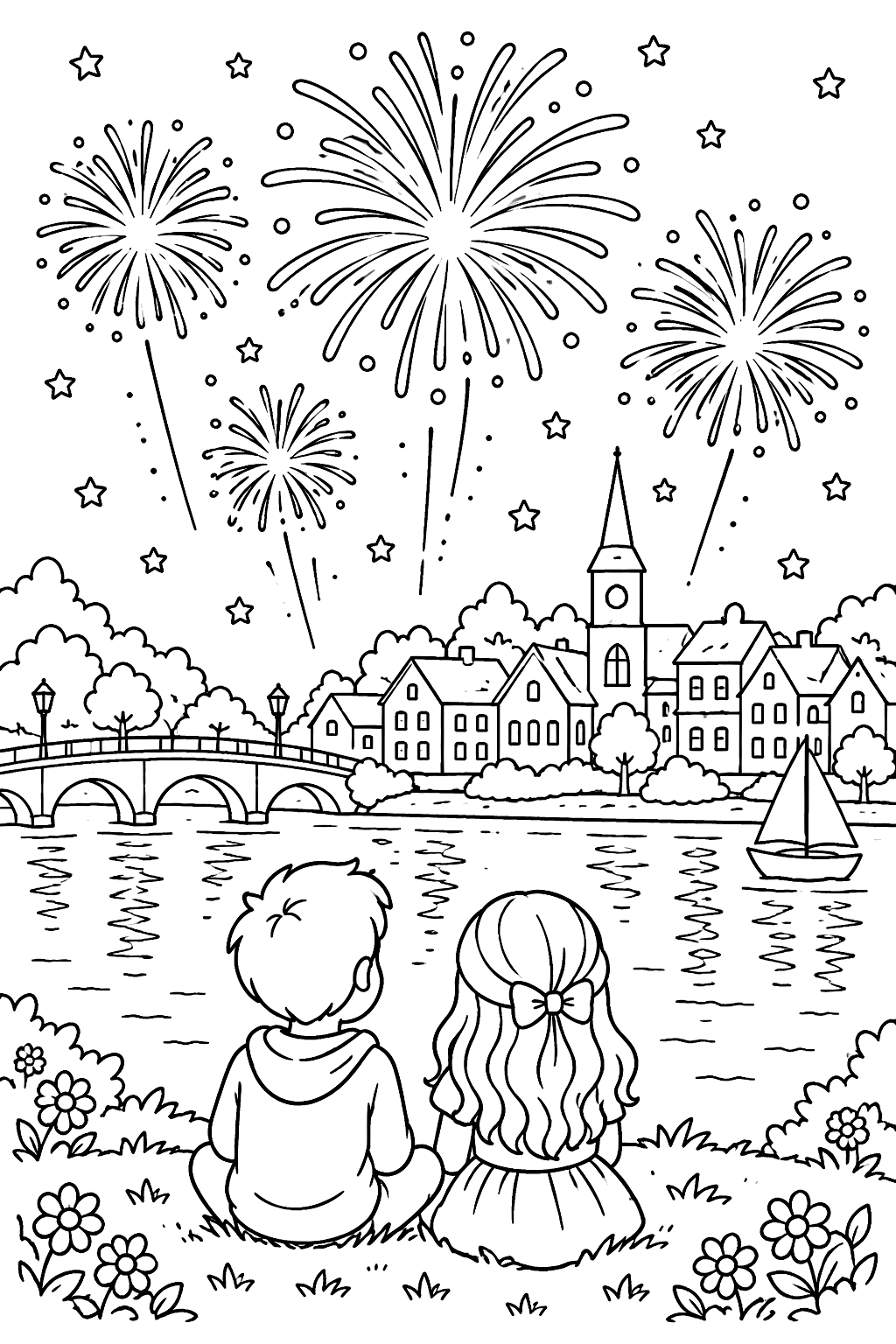 Fireworks bursting over a town at night coloring page