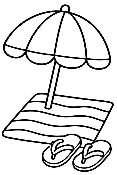 A beach umbrella, towel and sandals coloring page