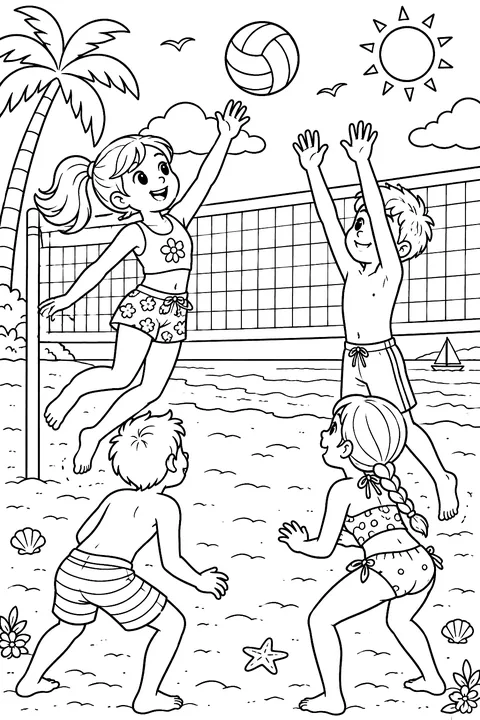 Kids playing volleyball on the beach coloring page