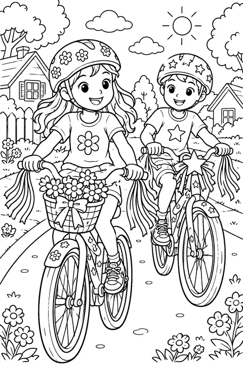 Kids riding decorated bikes with streamers coloring page