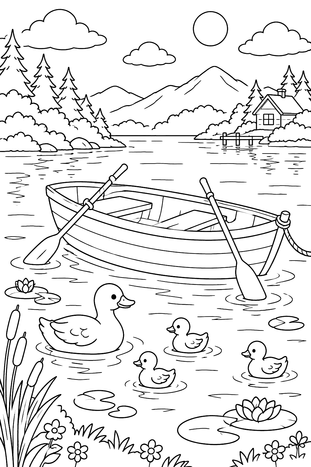 A rowboat on a calm lake with ducks coloring page