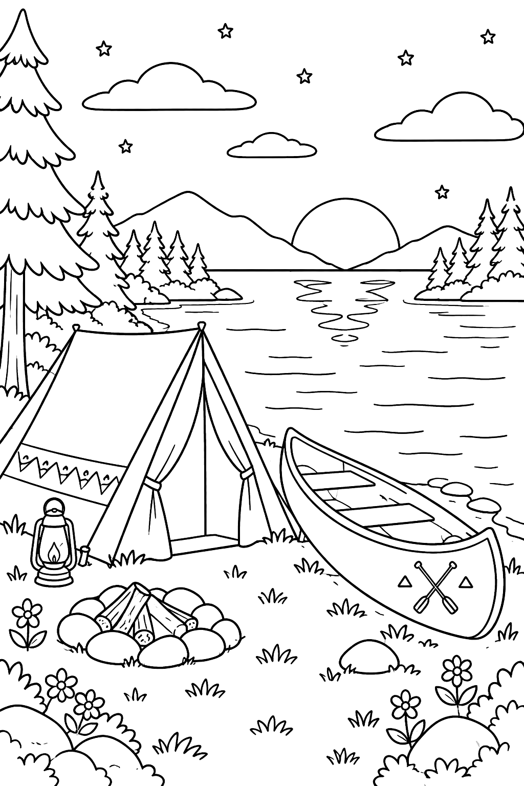 A tent and canoe by a lake at sunset coloring page