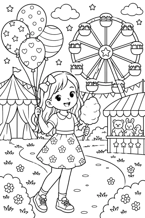 A carnival with a Ferris wheel and balloons coloring page