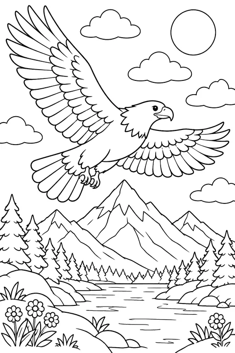 A bald eagle flying with spread wings over mountains coloring page