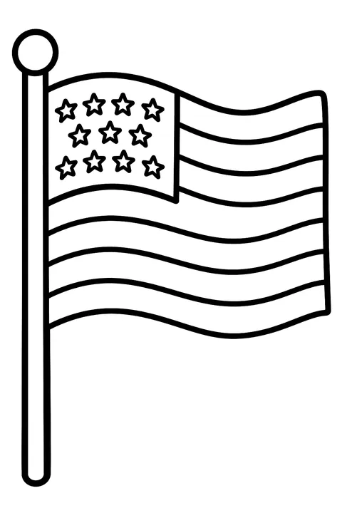 An American flag waving on a pole coloring page