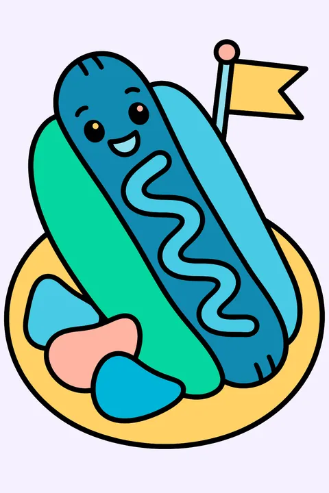 A hot dog with mustard in a bun coloring page