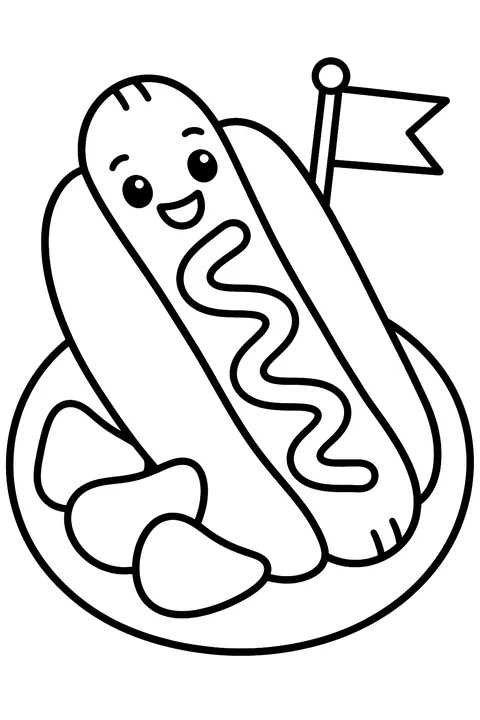 A hot dog with mustard in a bun coloring page