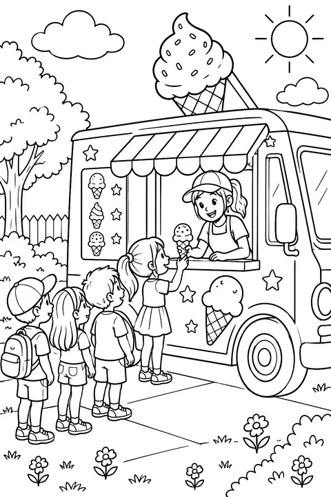 An ice cream truck with kids lining up coloring page