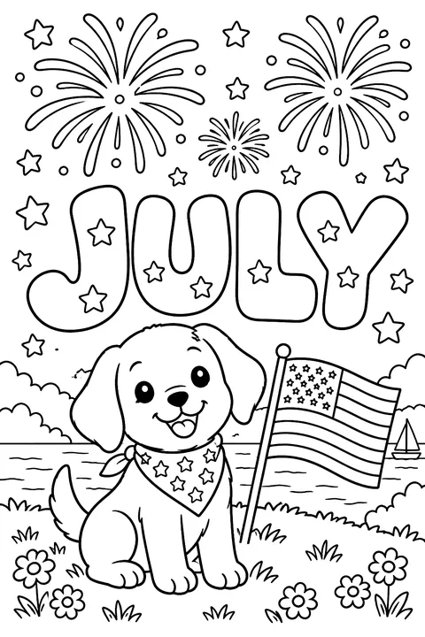The word JULY in big bubble outline letters with stars and fireworks coloring page