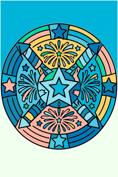 A round mandala of stars, stripes and fireworks with bold closed shapes coloring page