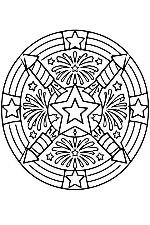 A round mandala of stars, stripes and fireworks with bold closed shapes coloring page