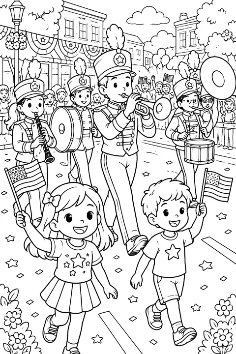 A parade with a marching band and kids waving flags coloring page