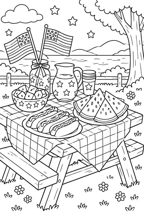 A picnic table with hot dogs, watermelon and flags coloring page