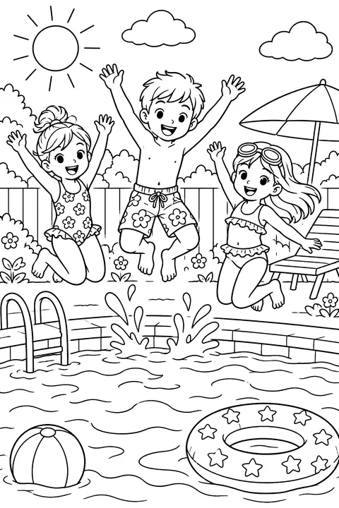 Kids jumping into a pool coloring page