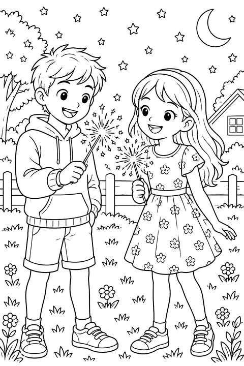 Two kids holding sparklers at night coloring page