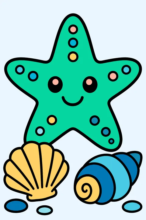 A starfish and shells on the sand coloring page