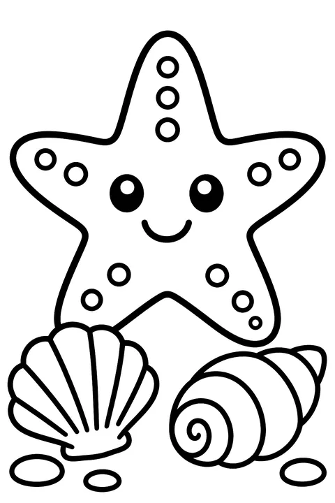 A starfish and shells on the sand coloring page