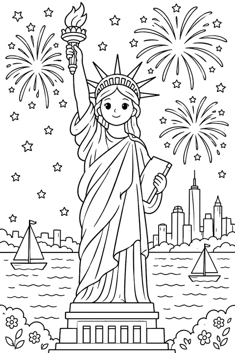 The Statue of Liberty with fireworks behind it coloring page