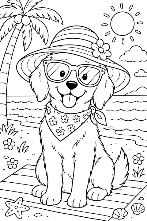 A dog wearing a sun hat and sunglasses coloring page