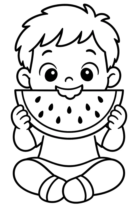 A child eating a big slice of watermelon coloring page