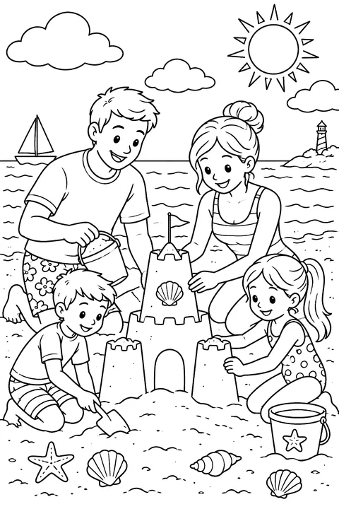 A family building a sandcastle at the beach coloring page