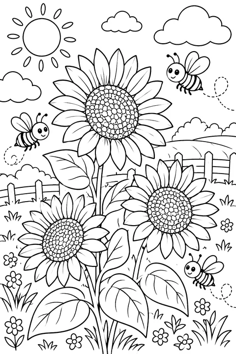 Bees buzzing around sunflowers coloring page