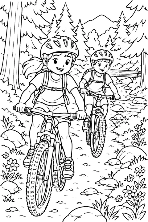 Kids biking on a forest trail coloring page