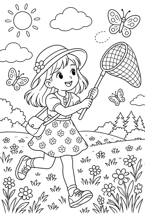 A child with a butterfly net in a meadow coloring page