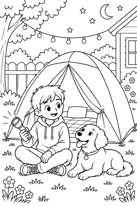 A tent in the backyard with a flashlight and a dog coloring page