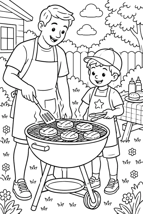 A dad and kid grilling burgers in the backyard coloring page