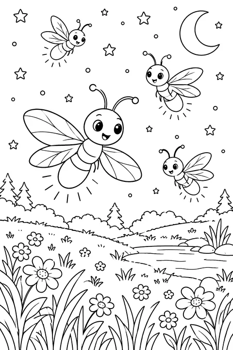 Fireflies glowing over a meadow at night coloring page