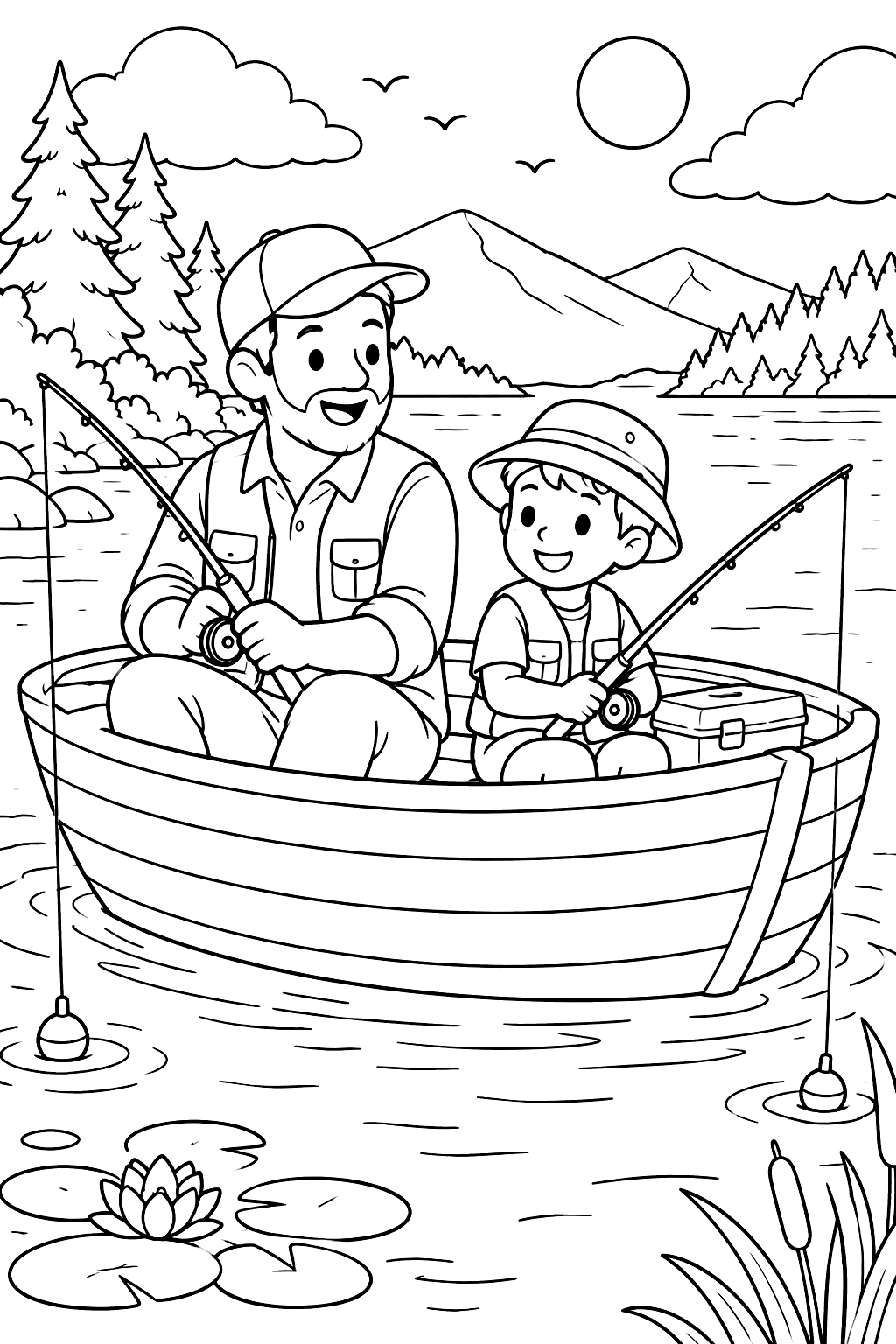 A dad and child fishing from a rowboat coloring page