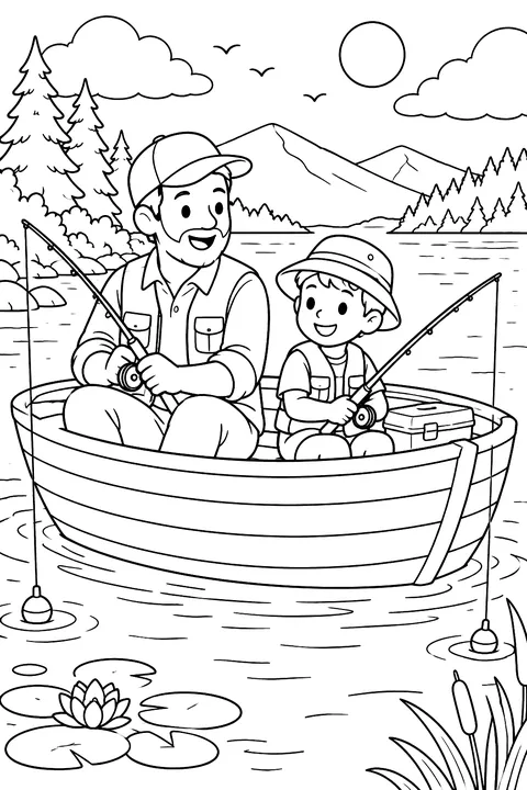 A dad and child fishing from a rowboat coloring page
