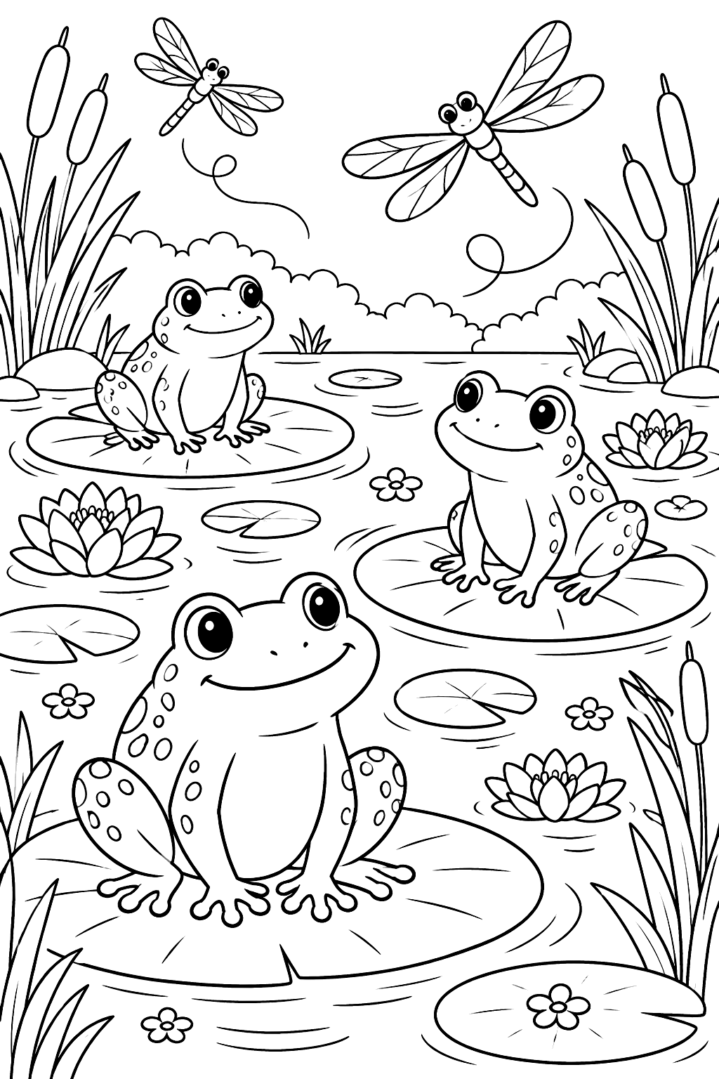Frogs on lily pads in a pond with dragonflies coloring page