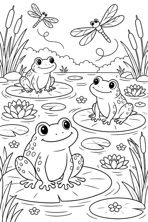 Frogs on lily pads in a pond with dragonflies coloring page