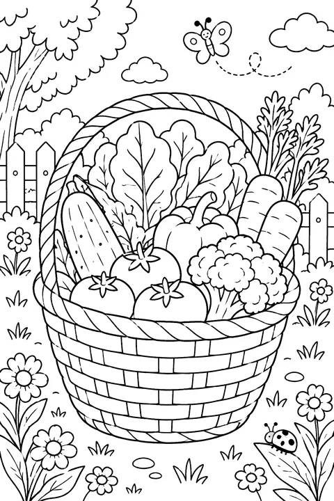 A basket of fresh vegetables from the garden coloring page