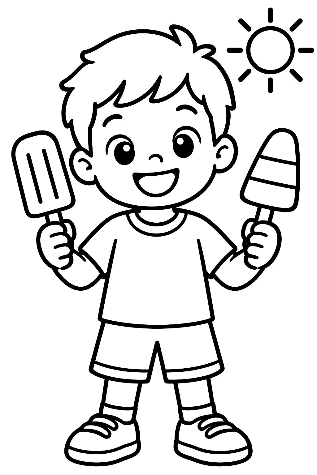 A child holding two ice pops on a sunny day coloring page