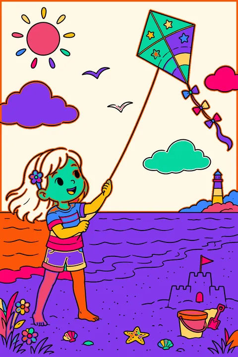 A kite flying over the beach coloring page