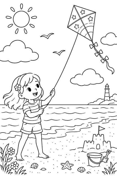 A kite flying over the beach coloring page