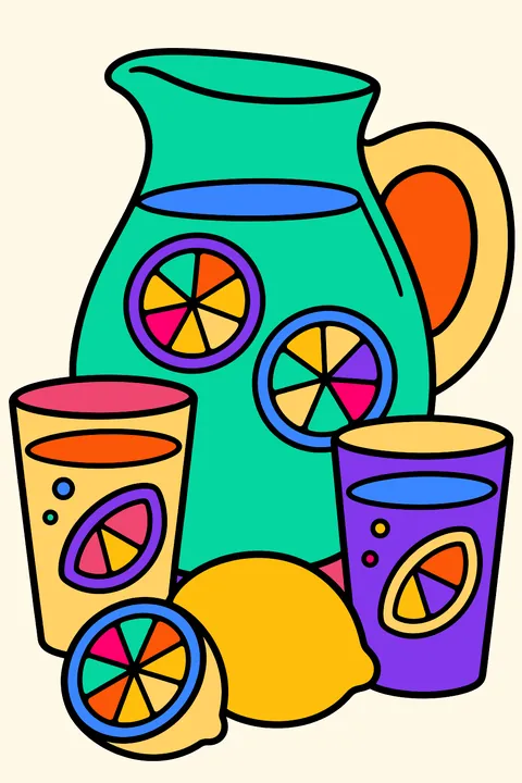 A pitcher of lemonade with lemon slices and glasses coloring page