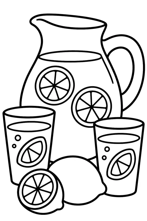 A pitcher of lemonade with lemon slices and glasses coloring page