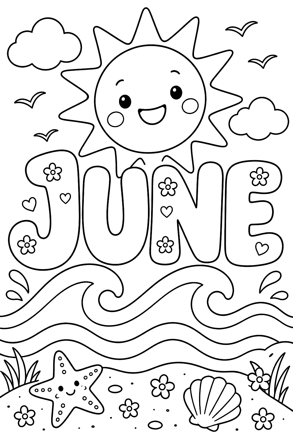 The word JUNE in big bubble outline letters with suns and waves coloring page