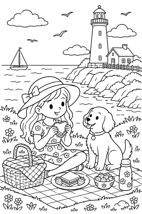 A picnic near a lighthouse on the coast coloring page