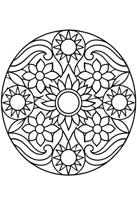 A round mandala of suns, flowers and waves with bold closed shapes coloring page