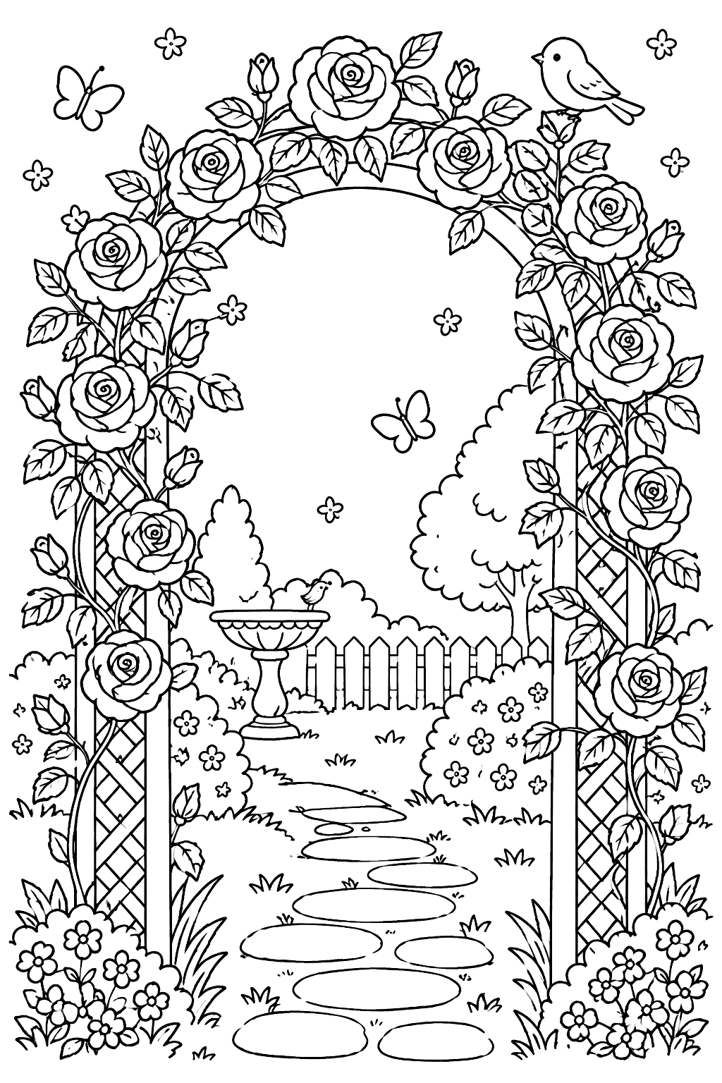 A rose garden arch with climbing roses coloring page